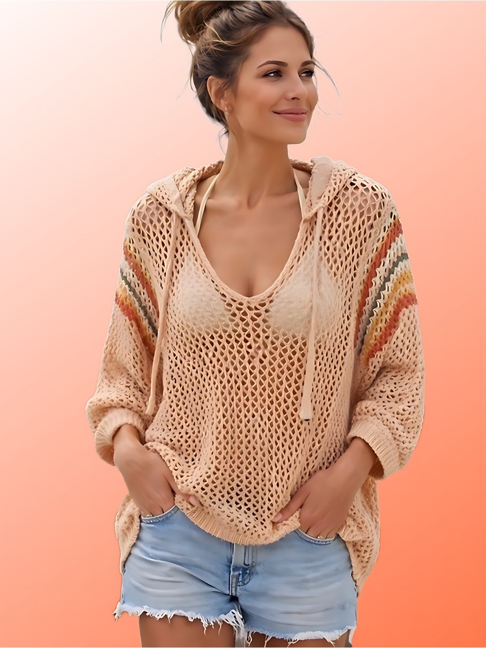 POL Bohemian Crochet Knit Hooded Oversized Top Swim Coverup Small New Boutique